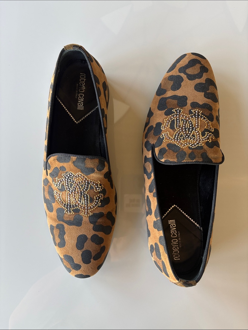 Roberto Cavalli Leopard Print Loafers with Crystal Logo - Brown & Black